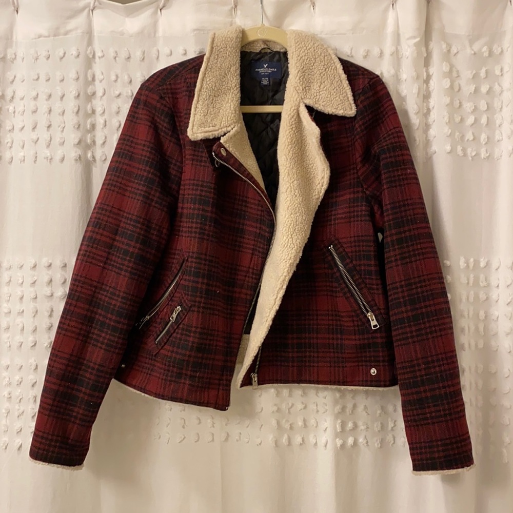 American Eagle Red Wool Moto Jacket